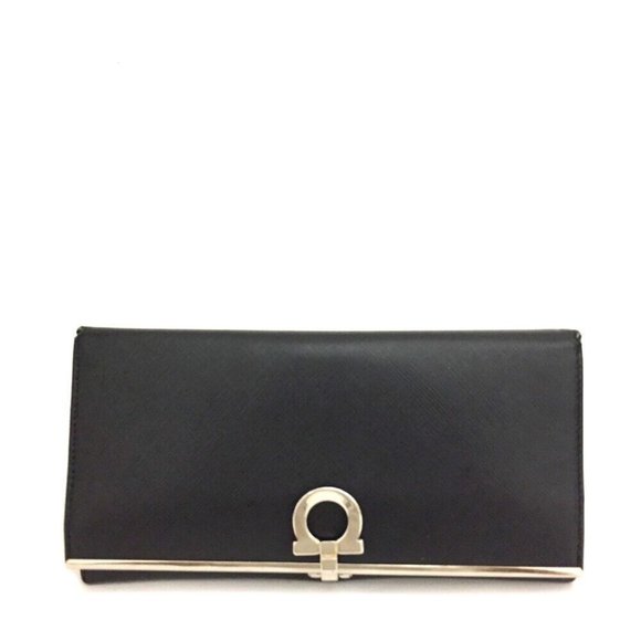 857071F V Salvatore Ferragamo Wallet Long Gancini Bifold Black Leather - Picture 1 of 9